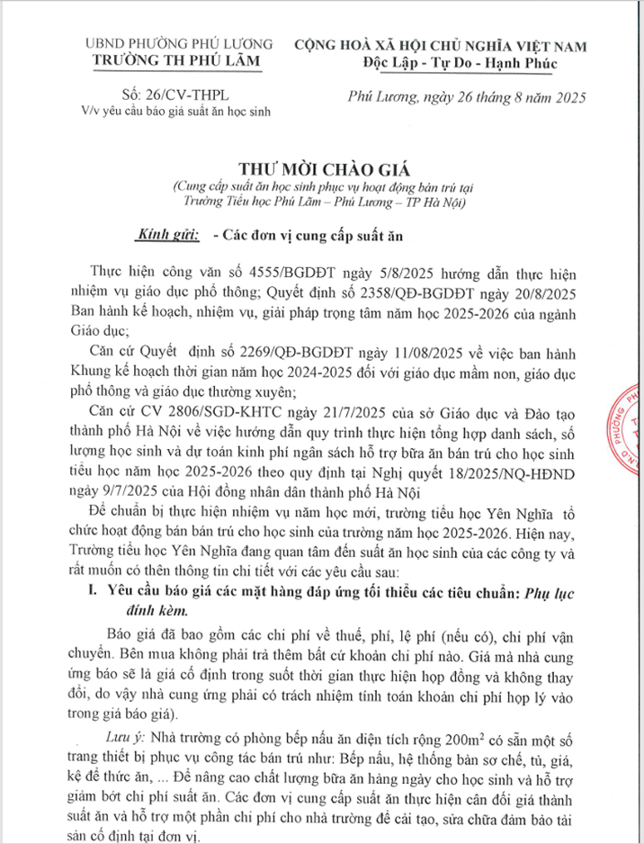 THƯ MỜI CHÀO GIÁ CUNG CẤP SUẤT ĂN HỌC SINH PHỤC VỤ HOẠT ĐỘNG BÁN TRÚ TẠI TRƯỜNG TIỂU HỌC PHÚ LÃM